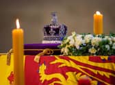 The Imperial State Crown upon the coffin carrying Queen Elizabeth II in Westminster Hall for the Lying-in State 