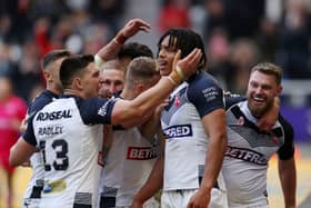England celebrate Dom Young’s try against Samoa during World Cup opener