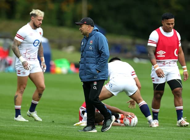 <p>England head coach Eddie Jones looks on during the England captain's run at Pennyhill Park, Bagshot yesterday</p>