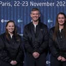 Meganne Christian (L), John McFall (C), and Rosemary Coogan (R) pose during a ceremony to unveil the European Space Agency new class of career astronauts in Paris on November 23, 2022