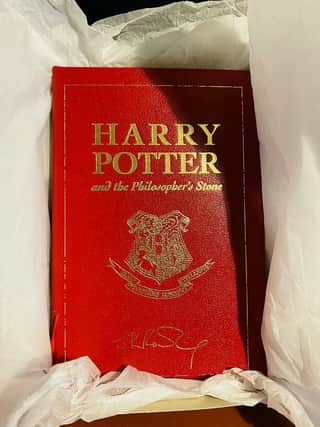 The leather-bound special 15th anniversary edition of Harry Potter and the Philosophers Stone - published exclusively for the competition in 2012.
