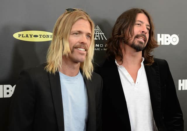  Musicians Taylor Hawkins and Dave Grohl of Foo Fighters arrive at the 28th Annual Rock and Roll Hall of Fame Induction Ceremony. The band confirmed in their New Year’s message they will continue despite Hawkins’ death 