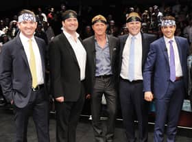 (L-R) Filmmakers Jon Hurwitz and Hayden Schlossberg actor Billy Zabka, filmmaker Josh Heald, and actor Ralph Macchio will be shutting the doors of the dojo as Cobra Kai comes to an end (Credit: Getty Images)