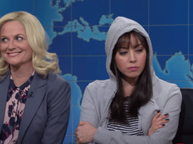 Fans of Parks and Recreation were treated to an impromptu reunion as Amy Poehler joined former castmate Aubrey Plaza during this weekend’s Saturday Night Live (Credit: NBCUniversal)