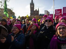  Representatives of National Education Union (NEU), Communication Workers Union (CWU) and the public-service union Unison join a rally by the University and College Union (UCU).