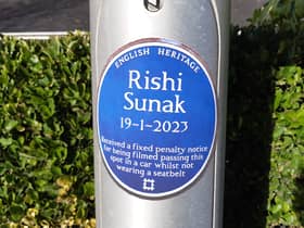 The 'blue plaque' commemorating Rishi Sunak's Fixed Penalty on Squires Gate Lane, Blackpool.