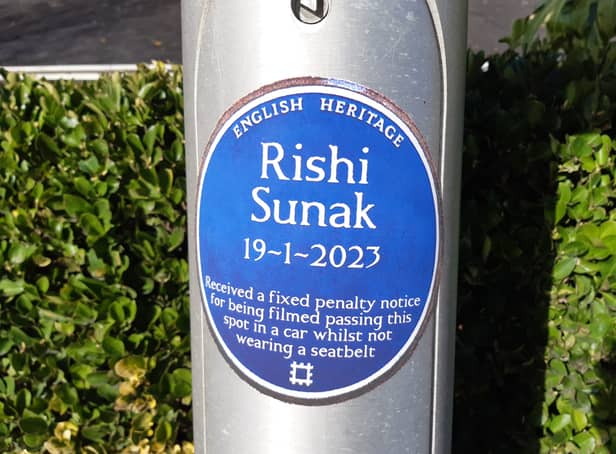 <p>The 'blue plaque' commemorating Rishi Sunak's Fixed Penalty on Squires Gate Lane, Blackpool.</p>