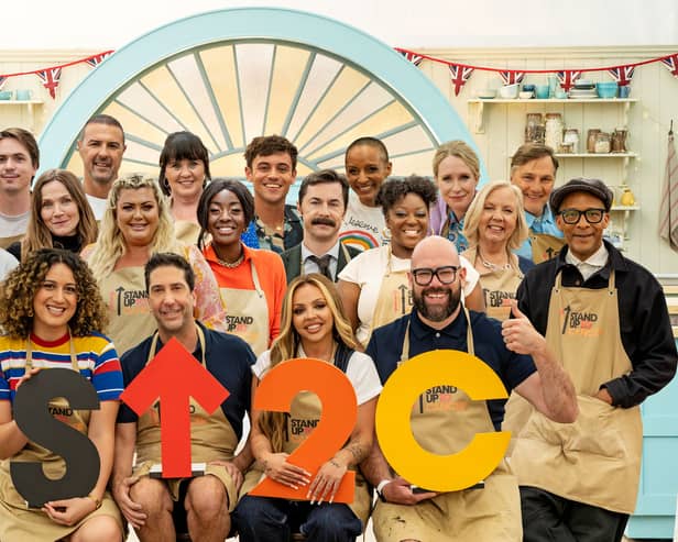 Pictured is the Celebrity GBBO line-up for 2023. Back Row - Ellie Taylor, Joe Thomas, Paddy McGuinness, Coleen Nolan, Tom Daley, Adele Roberts. Lucy Beaumont, David Morrissey. Middle Row - Tim Key, Jessica Hynes, Gemma Collins, AJ Odudu, Mike Wozniak, Judi Love, Deborah Meaden, Jay Blades. Front Row - Rose Matafeo, David Schwimmer, Jesy Nelson, Tom Davis. Pic: Channel 4