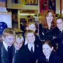 Author JK Rowling with pupils  from Millfield Preparatory School  in 1999