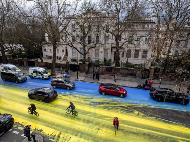 The Ukraine flag painted on the road outside the Russian Embassy in London (Photo: Led by Donkeys)