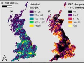 Maps show historical expected annual flood damage (EAD) in GBP billion at 2020 values, and calculated EAD percentage increase with 1.8 degrees global warming. (Credit: University of Bristol and Fathom)