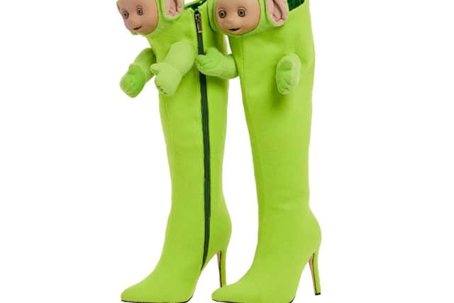 Christian Cowan's latest footwear are a homage to Dipsy - the bright green character from the 90s children's show.