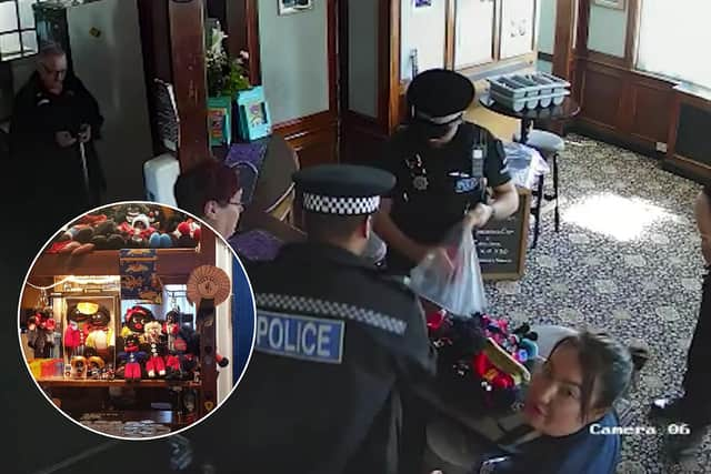 CCTV footage shows police storming a couple's Essex pub and seizing their golliwog dolls, saying the toys were a suspected hate crime (Photos: SWNS)