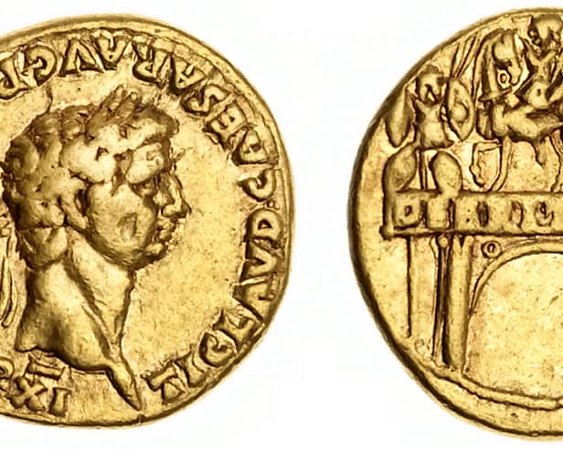 The gold aureus celebrating the conquest in AD 43 was uncovered among the ruins of a suburb five kilometres north of the archaeological site in southern Italy’s Campania region.