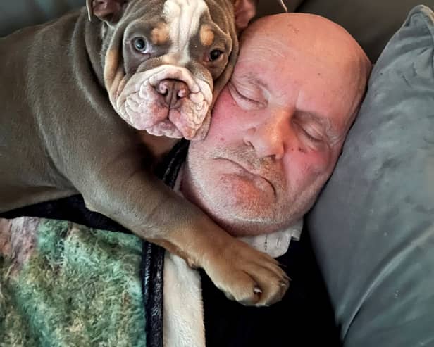 Ain’t nothing but a hound, Doc: David Lindsay with his British Bulldog puppy, Harley. 