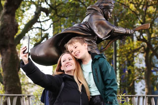 A statue of Harry Potter is unveiled by Alex Zane in Leicester Square, joining Scenes in the Square (photo: Joe Pepler/PinPep)