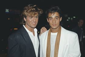 Singers George Michael (left) and Andrew Ridgeley of pop duo Wham!, at the premiere of the film 'Dune', London, England, 1984. (Photo by Fox Photos/Hulton Archive/Getty Images)