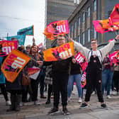 Teachers from the National Education Union demonstrate in central Middlesbrough as part of a further day of industrial action by teachers on April 27, 2023 in Middlesbrough, England. There were widespread school closures in England as members of the National Education Union (NEU) went on strike for a fourth day this year. A fifth strike day is scheduled for May 2. (Photo by Ian Forsyth/Getty Images)