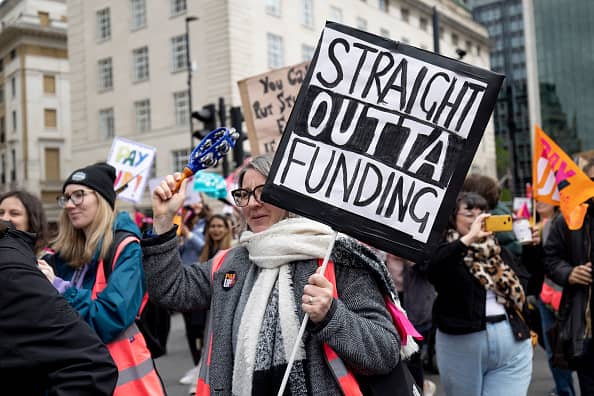 Thousands of teacher members from the National Education Union held an industrial action on May 2 in a pay dispute with the UK government. (Photo by Hesther Ng/SOPA Images/LightRocket via Getty Images)