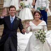 WINDSOR, ENGLAND - OCTOBER 12: Princess Eugenie and Jack Brooksbank leave St George's Chapel in Windsor Castle following their wedding on October 12, 2018 in Windsor, England. (Photo by Steve Parsons - WPA Pool/Getty Images)
