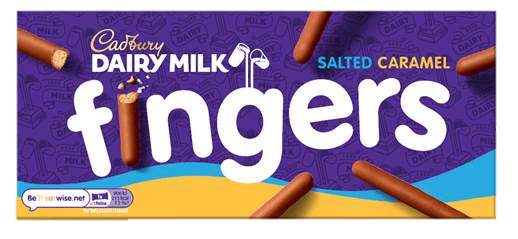 Cadbury Dairy Milk Fingers Salted Caramel combines its iconic crisp biscuit coated in delicious Cadbury Dairy Milk chocolate with caramel flavour and a hint of salt. 