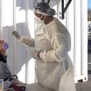 A woman receives a nasal swab, from a health worker wearing personal protective equipment (PPE), to be tested for COVID-19 at the Fourways Life Hospital in Johannesburg (Getty Images)