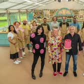 Contestants from the 12th series of The Great British Bake Off pose with judges Paul Hollywood and Prue Leith anf hosts Matt Lucas and Noel Fielding. (credit: Channel 4)