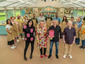 Contestants from the 12th series of The Great British Bake Off pose with judges Paul Hollywood and Prue Leith anf hosts Matt Lucas and Noel Fielding. (credit: Channel 4)