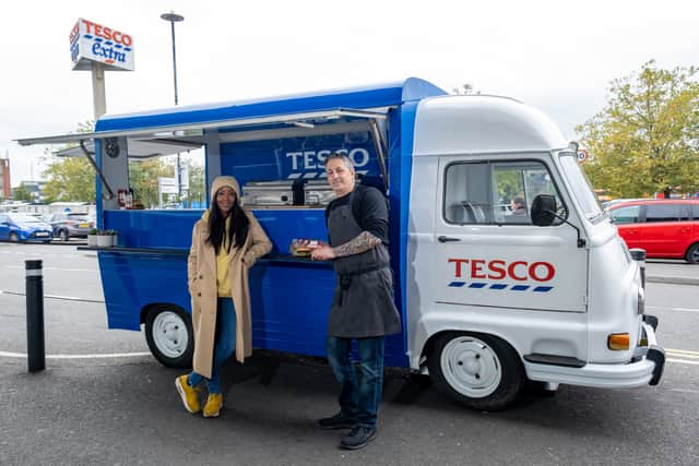 TV presenter Angellica Bell at Tesco in Wimbaldon gets members of the public to try burger and then tells them it is meat free. Tesco meat free burgers getting people aware of what eating meat means for CO2 emissions and how cutting back or swaping meat for plant-bassed food would be better for the environment .