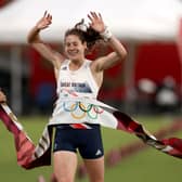 Kate French of Team GB crosses the line to win gold in the Laser Run during the Women's Modern Pentathlon (Photo by Dan Mullan/Getty Images)