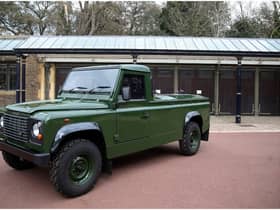 The Land Rover Defender that will be used to transport the coffin of Britain's Prince Philip, Duke of Edinburgh during the funeral procession is parked in Windsor Castle (Photo by STEVE PARSONS/POOL/AFP via Getty Images)
