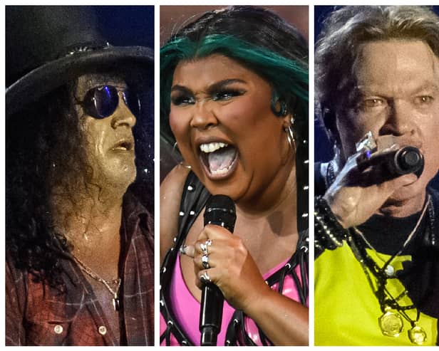 Glastonbury 2023: left to right, Slash from Guns N’ Roses; Lizzo and Axl Rose from Guns N’ Roses. (Photo: Getty Images)