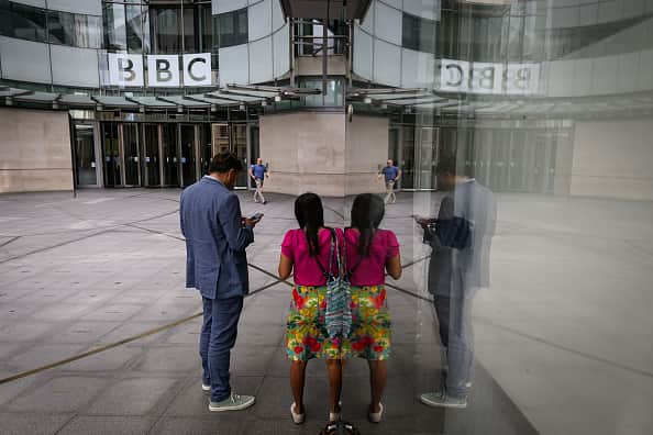 LONDON, ENGLAND - JULY 10: A general view of the front of BBC Broadcasting House on July 10, 2023 in London, England. Last week, the Sun newspaper published allegations that a BBC presenter had paid tens of thousands of pounds to a teenager in exchange for explicit photos. The broadcaster has said that a male presenter has been suspended while it conducts an investigation. (Photo by Leon Neal/Getty Images)