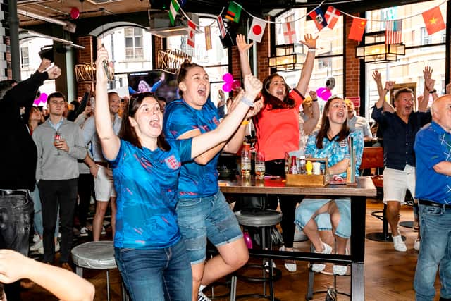 England fans reacts to England scoring during the World Cup match - England v Australia, pictured in Box Leeds, West Yorks, Aug 16 2023.