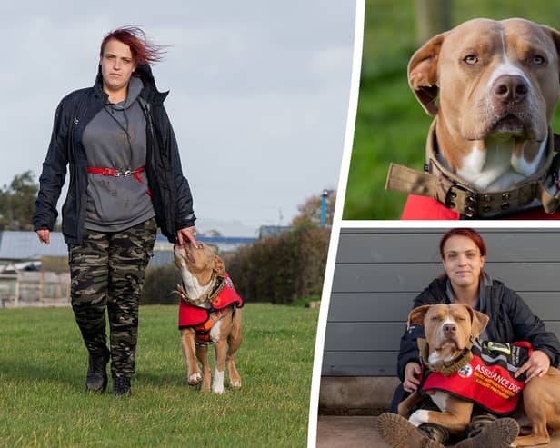 Josie Shanaham fears that her XL Bully assistance dog, Mars, will be taken from her under new rules for the dog breed coming into place next year. (Credit: SWNS)