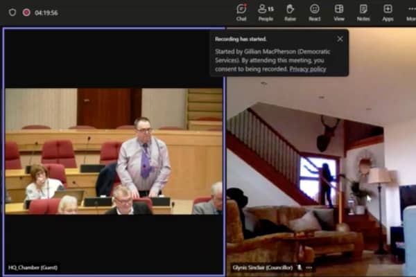 Cllr Glynis Campbell Sinclair was spotted cleaning her windows while  on camera during a meeting of Highland Council's Inverness Area Committee Picture: Highland Council  / SWNS