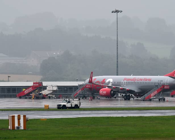 Jet2 passenger jets parked up on the runway at Leeds Bradford Airport.