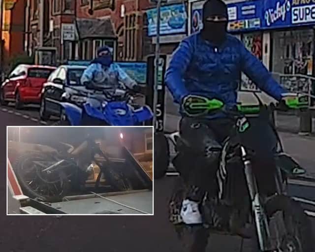 masked men ride illegal e-bikes and quad bikes. inset: e-bike seized by police