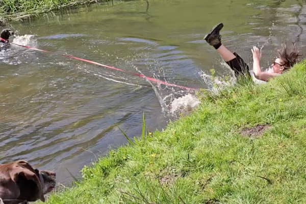 Woman is dragged into river while playing with her excited dog.