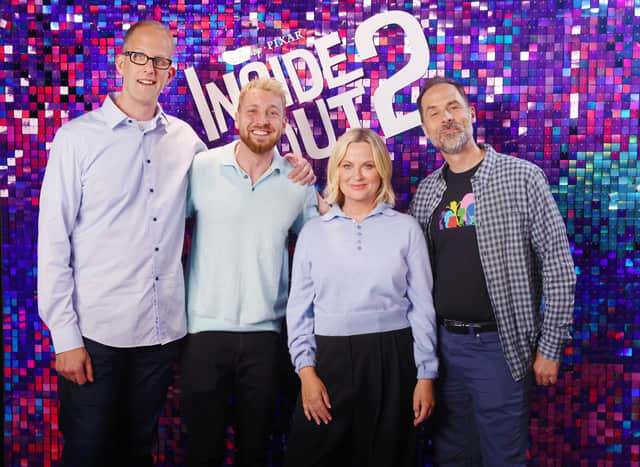Sam is joined at the Inside Out 2 event by Amy Poehler who stars as Joy, Pixar chief creative officer Pete Docter and director Kelsey Mann.