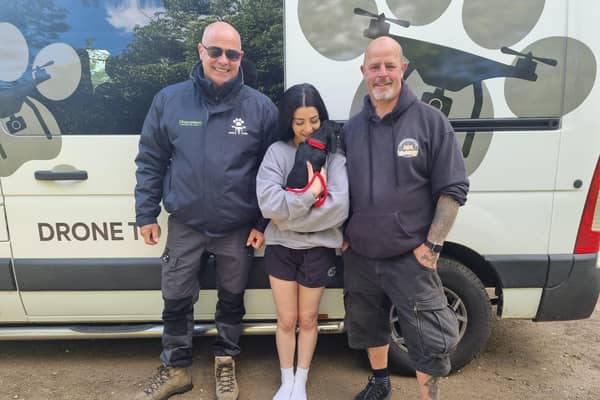 Alannah and Mila with the team from Drone To Home who used their drones to help find her. 