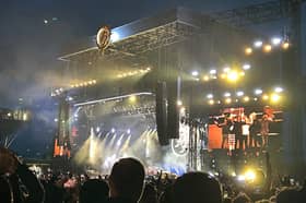 Foo Fighters perform at Old Trafford Cricket Ground in Manchester.