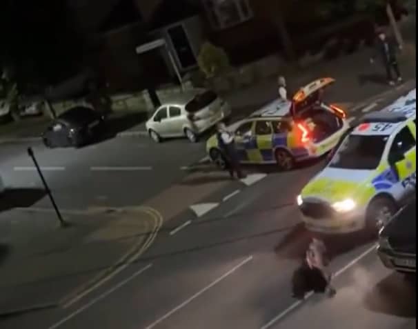 A still from a video uploaded by X account UB1UB2 West London (Southall) of a cow being rammed by a police car in Feltham on June 14, 2024 