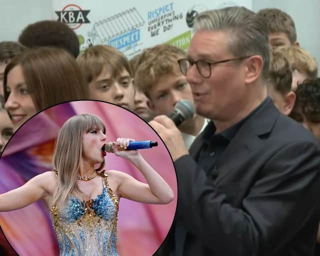 Kier Starmer says he went to see Taylor Swift in concert and his favourite song is 'Change'. Credit: ODN/ Inset: Taylor Swift performs at Wembley Stadium on June 21, 2024 Picture: Gareth Cattermole/Getty Images