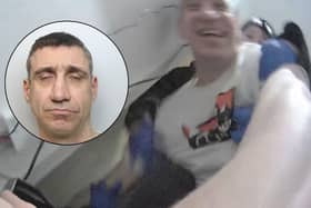 Gordon Finnlayson, 39, filmed laughing as he stabbed a police officer.