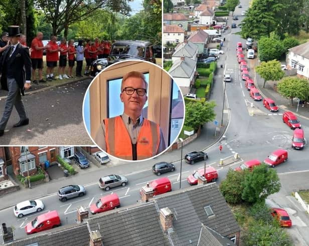A beloved postman who worked for Royal Mail for 24 years before his death was given a fitting send off as a fleet of red vans joined his funeral. 