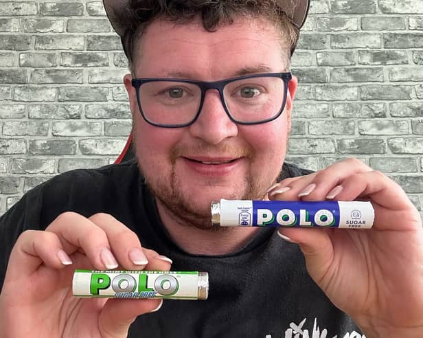 John Junior with The Sugar Free Polo Mints (green and white) from 1997 and a modern day packet of Sugar Free Polo Mints. 