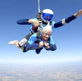 Manette Baillie, from Benhall in Suffolk, does a tandem skydive at the age of 102.