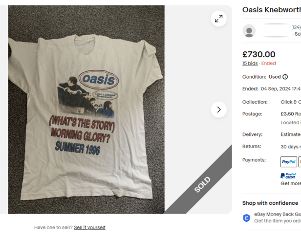 One Oasis shirt that is "unofficial" went for £730 on eBay, owing to the renewed interest in the band and the cultural impact the Knebworth 1996 shows had.