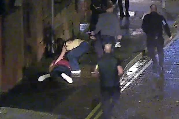 A man is left lying on the ground after being repeatedly punched by Joshua Saxton.